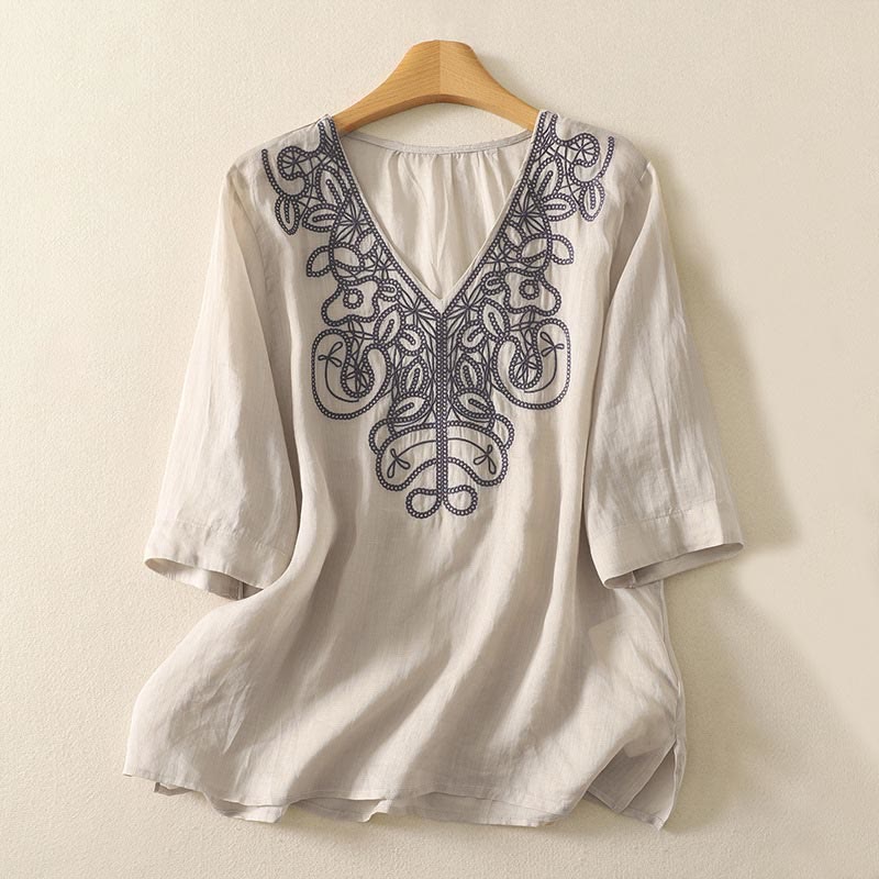 Camiseta informal de algodón y lino para mujer, de media manga, con cuello en V y bordado de Buddha Stones - Beige - US14，UK/AU18，EU46 (2XL) - image 1