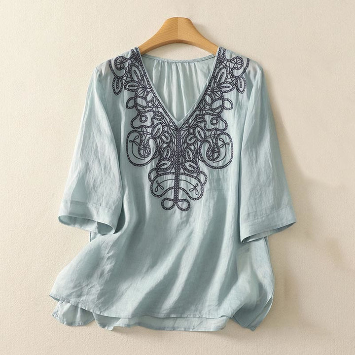 Camiseta informal de algodón y lino para mujer, de media manga, con cuello en V y bordado de Buddha Stones - Turquesa pálido - US14，UK/AU18，EU46 (2XL) - image 7