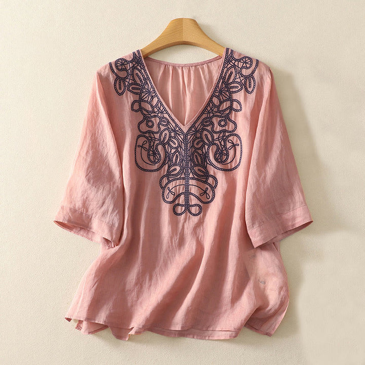 Camiseta informal de algodón y lino para mujer, de media manga, con cuello en V y bordado de Buddha Stones - Coral claro - US14，UK/AU18，EU46 (2XL) - image 13