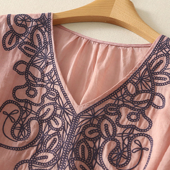 Camiseta informal de algodón y lino para mujer, de media manga, con cuello en V y bordado de Buddha Stones - image 15