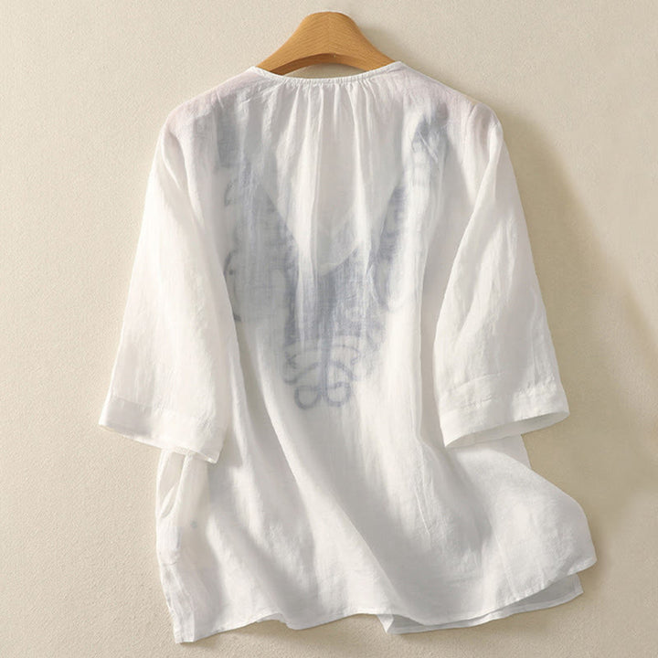 Camiseta informal de algodón y lino para mujer, de media manga, con cuello en V y bordado de Buddha Stones - image 20
