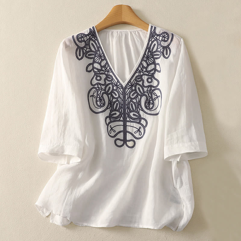 Camiseta informal de manga corta para mujer con cuello en V y bordado de Buddha Stones - Blanco - US14，UK/AU18，EU46 (2XL) - image 18