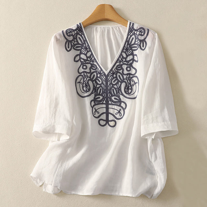 Camiseta informal de manga corta para mujer con cuello en V y bordado de Buddha Stones - Blanco - US14，UK/AU18，EU46 (2XL) - image 18