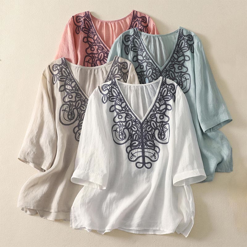 Camiseta informal de algodón y lino para mujer, de media manga, con cuello en V y bordado de Buddha Stones - image 29