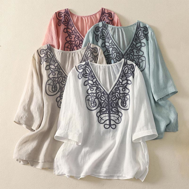 Camiseta informal de algodón y lino para mujer, de media manga, con cuello en V y bordado de Buddha Stones - image 29
