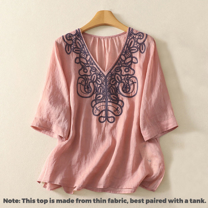 Camiseta informal de algodón y lino para mujer, de media manga, con cuello en V y bordado de Buddha Stones - image 14