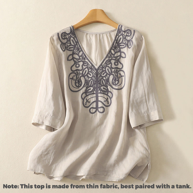 Camiseta informal de algodón y lino para mujer, de media manga, con cuello en V y bordado de Buddha Stones - image 2