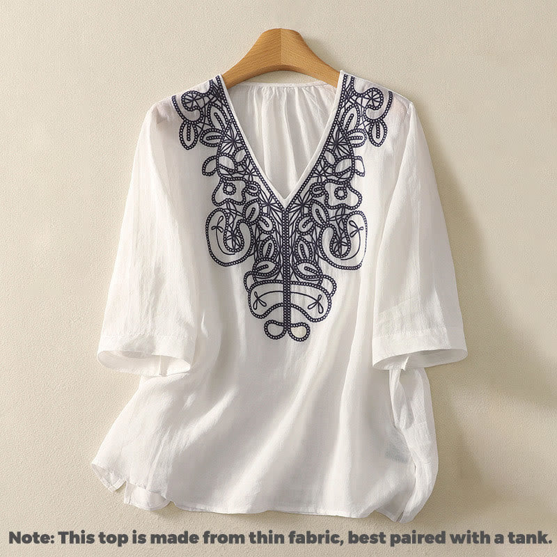 Camiseta informal de algodón y lino para mujer, de media manga, con cuello en V y bordado de Buddha Stones - image 20