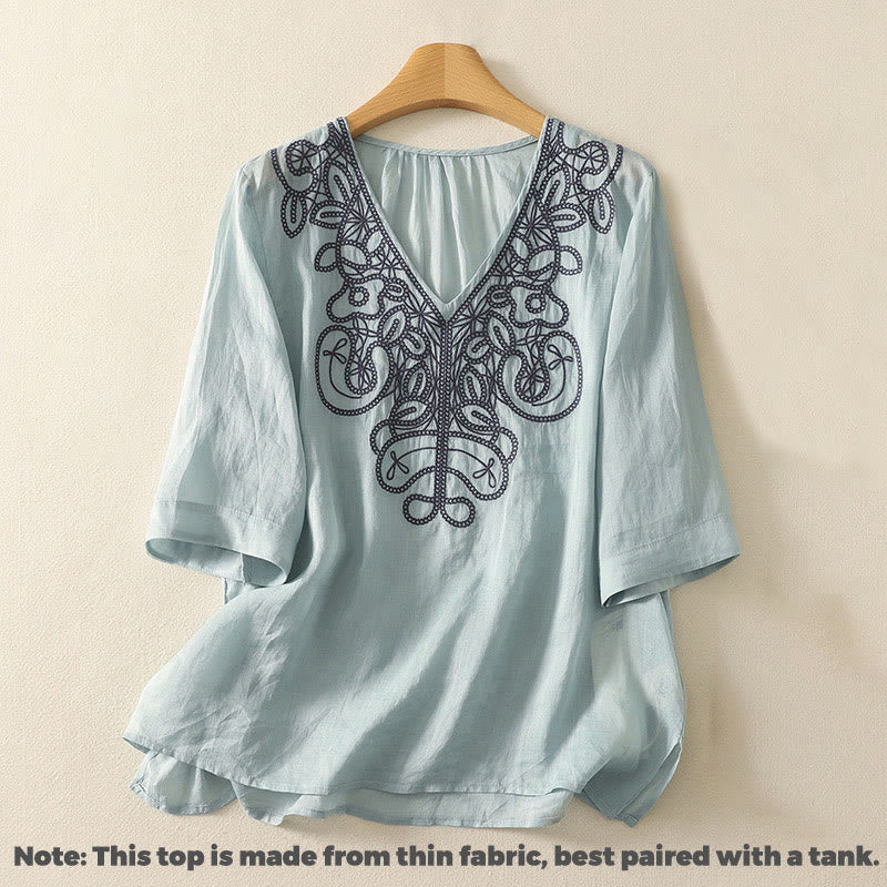 Camiseta informal de algodón y lino para mujer, de media manga, con cuello en V y bordado de Buddha Stones - image 8