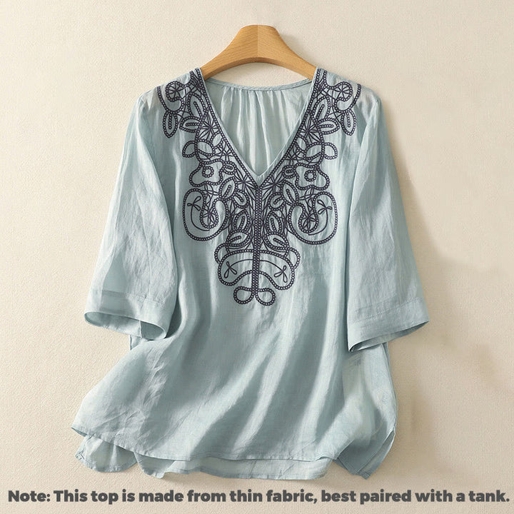 Camiseta informal de algodón y lino para mujer, de media manga, con cuello en V y bordado de Buddha Stones - image 8