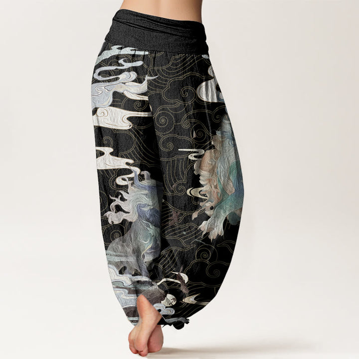 Pantalones harén de algodón puro con diseño de nubes auspiciosas y Buddha Stones para mujer, cintura elástica