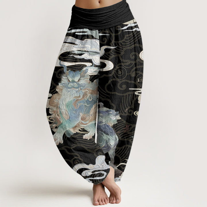 Pantalones harén de algodón puro con diseño de nubes auspiciosas y Buddha Stones para mujer, cintura elástica