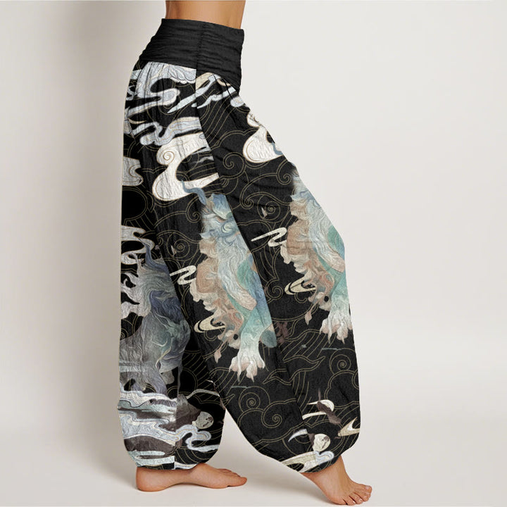 Pantalones harén de algodón puro con diseño de nubes auspiciosas y Buddha Stones para mujer, cintura elástica