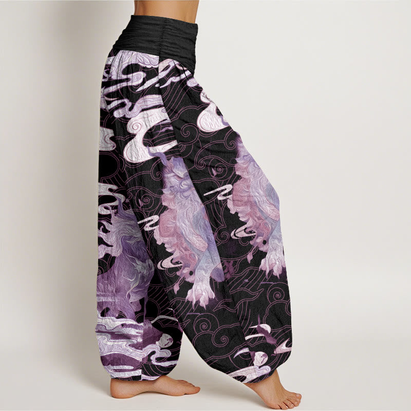 Pantalones harén de algodón puro con diseño de nubes auspiciosas y Buddha Stones para mujer, cintura elástica