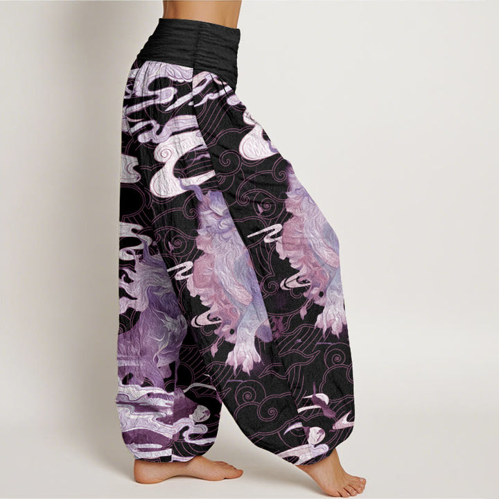 Pantalones harén de algodón puro con diseño de nubes auspiciosas y Buddha Stones para mujer, cintura elástica