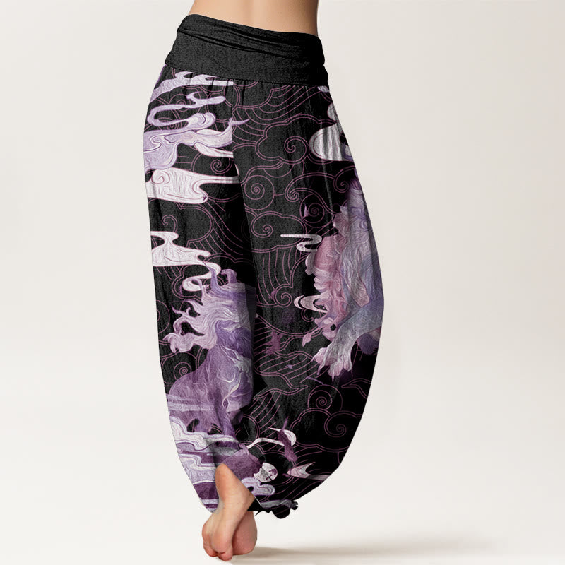Pantalones harén de algodón puro con diseño de nubes auspiciosas y Buddha Stones para mujer, cintura elástica