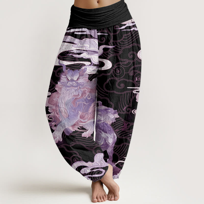 Pantalones harén de algodón puro con diseño de nubes auspiciosas y Buddha Stones para mujer, cintura elástica