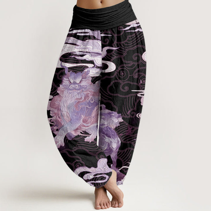 Pantalones harén de algodón puro con diseño de nubes auspiciosas y Buddha Stones para mujer, cintura elástica