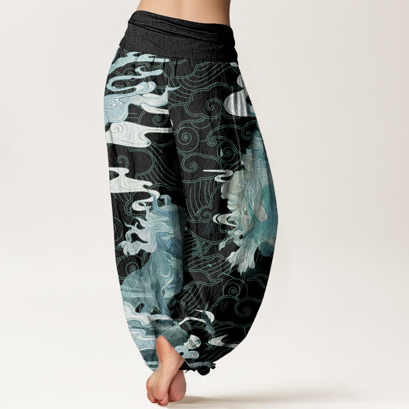 Pantalones harén de algodón puro con diseño de nubes auspiciosas y Buddha Stones para mujer, cintura elástica