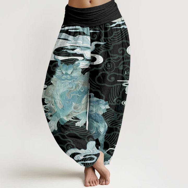 Pantalones harén de algodón puro con diseño de nubes auspiciosas y Buddha Stones para mujer, cintura elástica