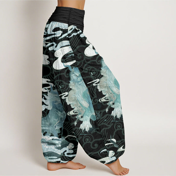 Pantalones harén de algodón puro con diseño de nubes auspiciosas y Buddha Stones para mujer, cintura elástica