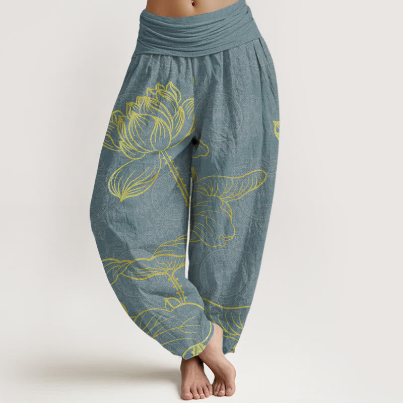 Pantalones harén de algodón puro con estampado de mandala de loto dorado y Buddha Stones para mujer, cintura elástica - Cadete Azul - US22，UK/AU26，EU54 (6XL) - image 0
