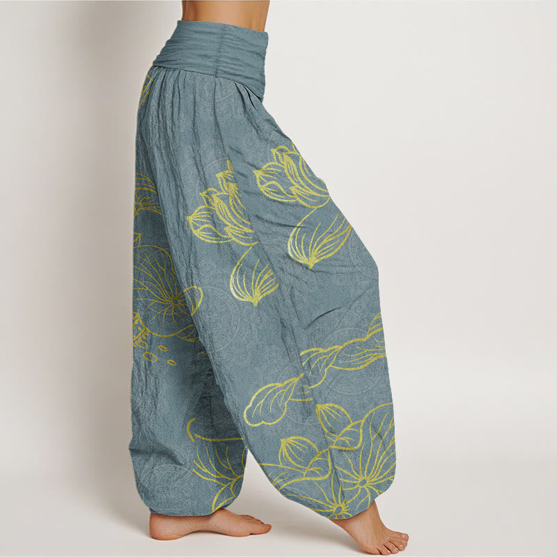 Pantalones harén de algodón puro con estampado de mandala de loto dorado y Buddha Stones para mujer, cintura elástica