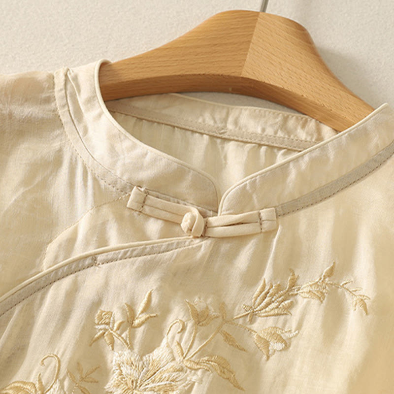 Camisa de algodón para mujer, de media manga, con cuello mandarín y botones de rana y bordado de Buddha Stones - image 3