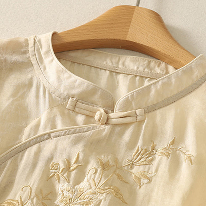 Camisa de algodón para mujer, de media manga, con cuello mandarín y botones de rana y bordado de Buddha Stones - image 3