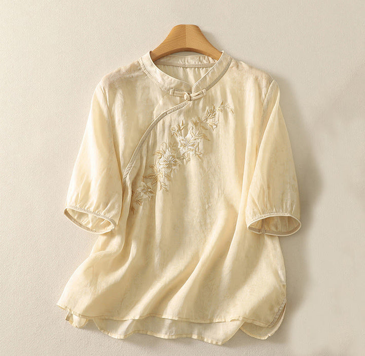 Camisa de algodón para mujer, de media manga, con cuello mandarín y botones de rana y bordado de Buddha Stones - LimónChiffon - US14，UK/AU18，EU46 (2XL) - image 1