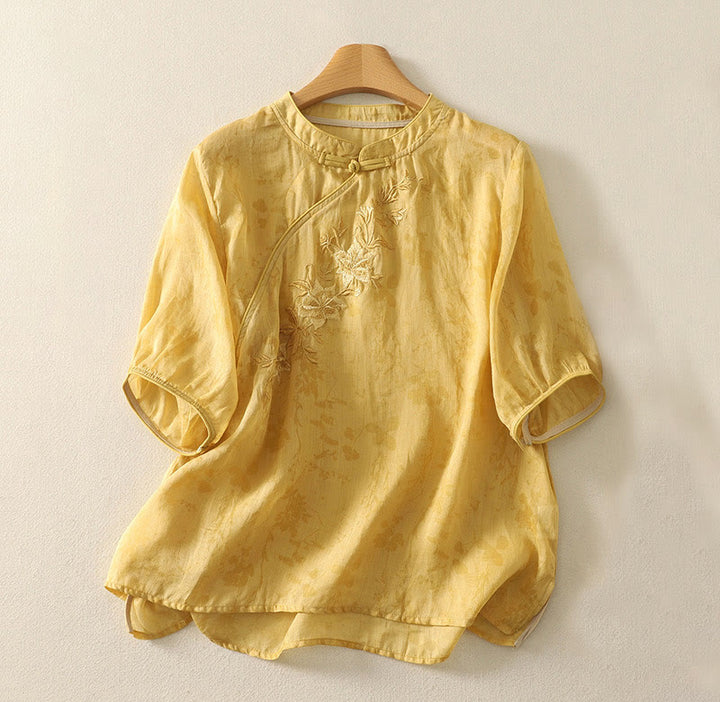 Camisa de algodón para mujer, de media manga, con cuello mandarín y botones de rana y bordado de Buddha Stones - Oro - US14，UK/AU18，EU46 (2XL) - image 7