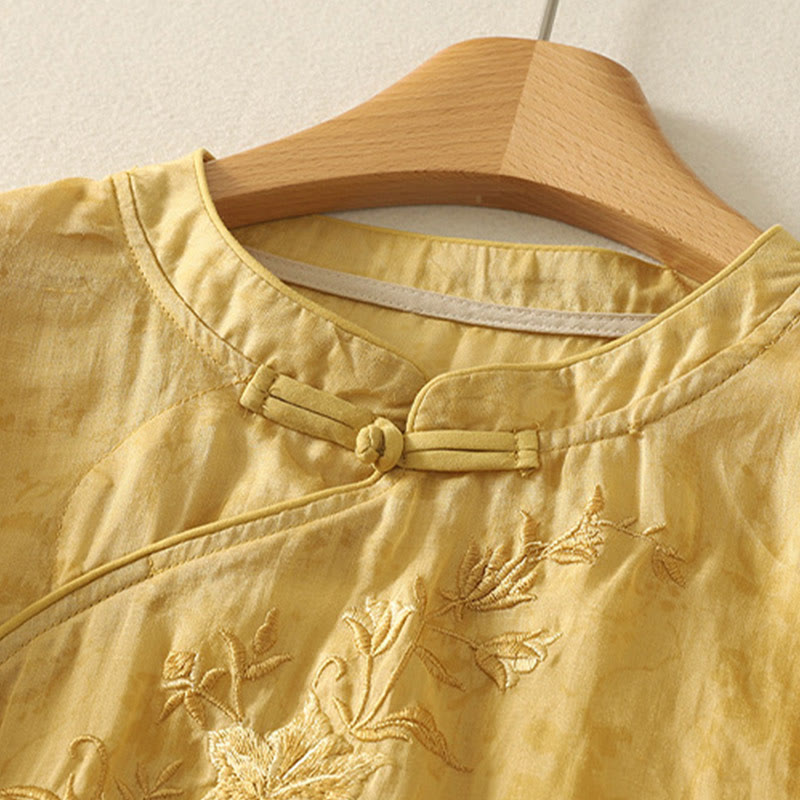 Camisa de algodón para mujer, de media manga, con cuello mandarín y botones de rana y bordado de Buddha Stones - image 9