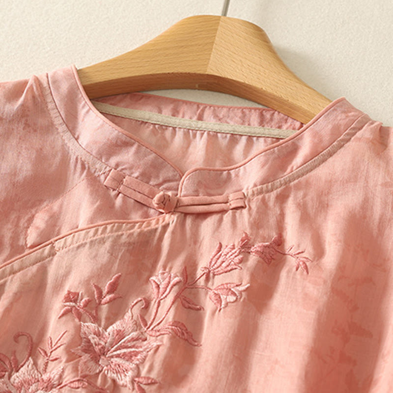 Camisa de algodón para mujer, de media manga, con cuello mandarín y botones de rana y bordado de Buddha Stones - image 23