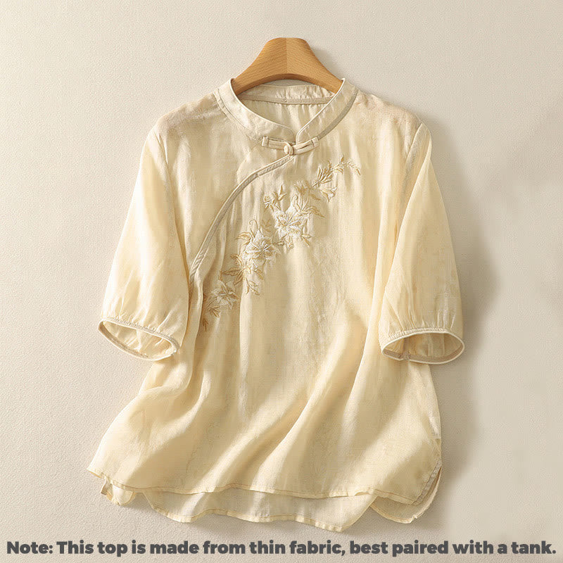 Camisa de algodón para mujer, de media manga, con cuello mandarín y botones de rana y bordado de Buddha Stones - image 2
