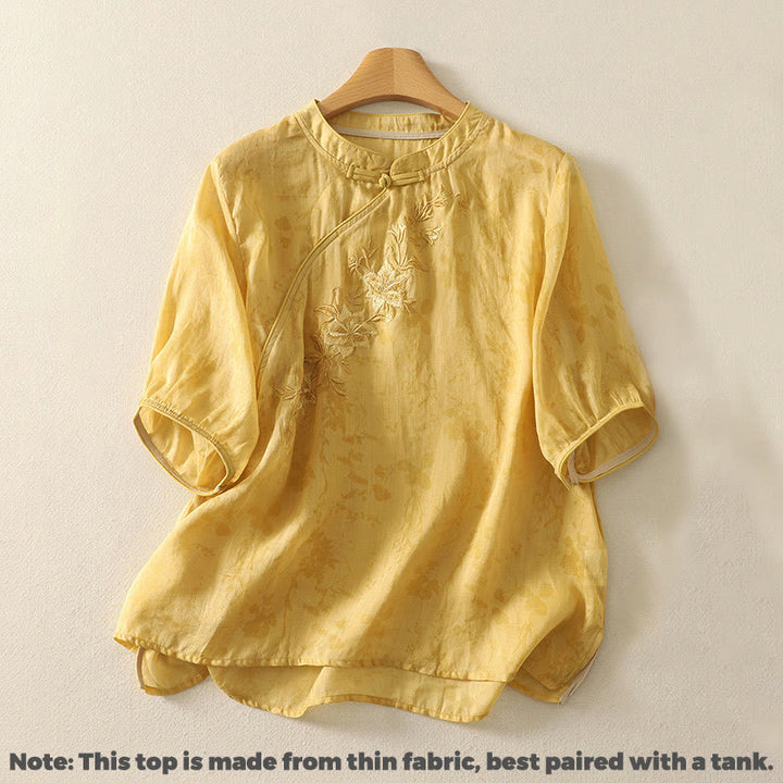Camisa de algodón para mujer, de media manga, con cuello mandarín y botones de rana y bordado de Buddha Stones - image 8