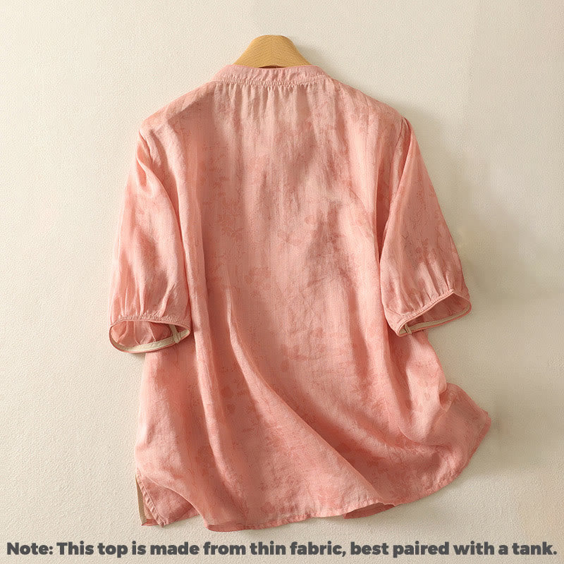 Camisa de algodón para mujer, de media manga, con cuello mandarín y botones de rana y bordado de Buddha Stones - image 15