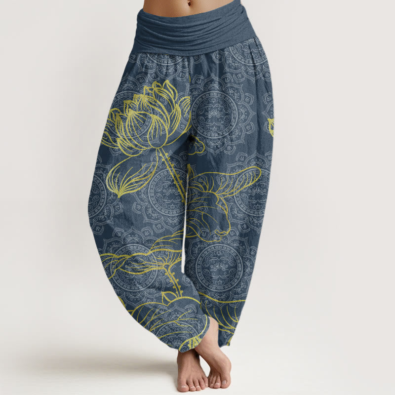 Pantalones harén de algodón puro con estampado de mandala de loto dorado y Buddha Stones para mujer, cintura elástica