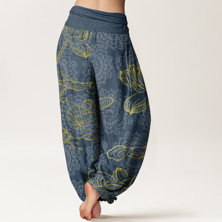 Pantalones harén de algodón puro con estampado de mandala de loto dorado y Buddha Stones para mujer, cintura elástica