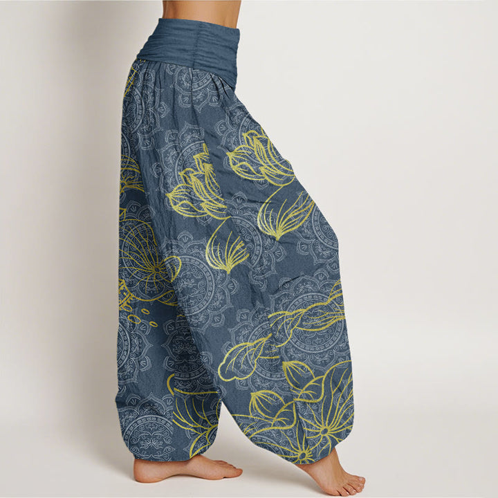 Pantalones harén de algodón puro con estampado de mandala de loto dorado y Buddha Stones para mujer, cintura elástica