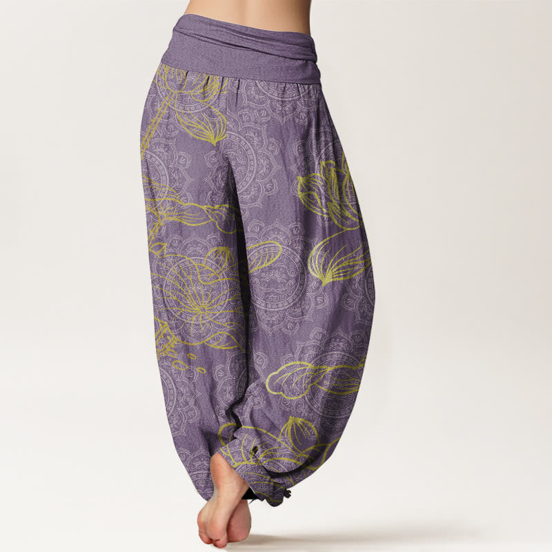 Pantalones harén de algodón puro con estampado de mandala de loto dorado y Buddha Stones para mujer, cintura elástica