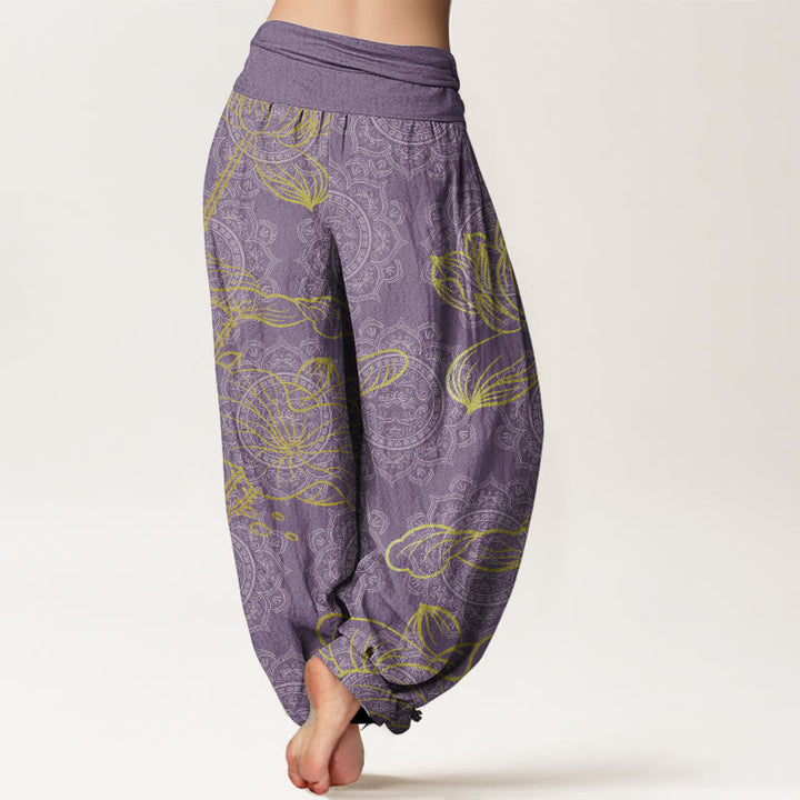 Pantalones harén de algodón puro con estampado de mandala de loto dorado y Buddha Stones para mujer, cintura elástica