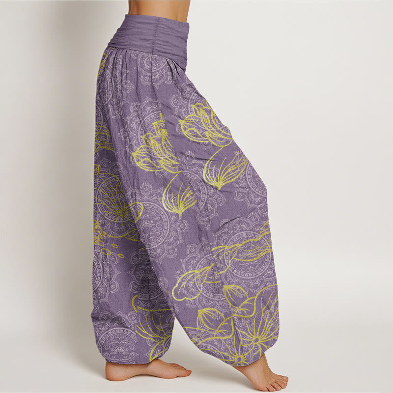 Pantalones harén de algodón puro con estampado de mandala de loto dorado y Buddha Stones para mujer, cintura elástica