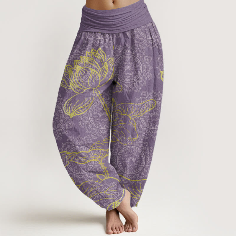 Pantalones harén de algodón puro con estampado de mandala de loto dorado y Buddha Stones para mujer, cintura elástica