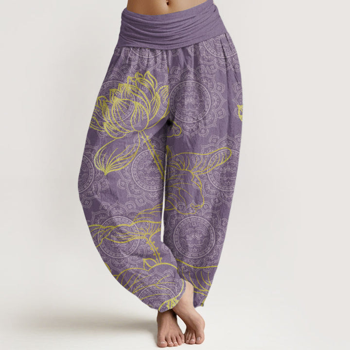 Pantalones harén de algodón puro con estampado de mandala de loto dorado y Buddha Stones para mujer, cintura elástica