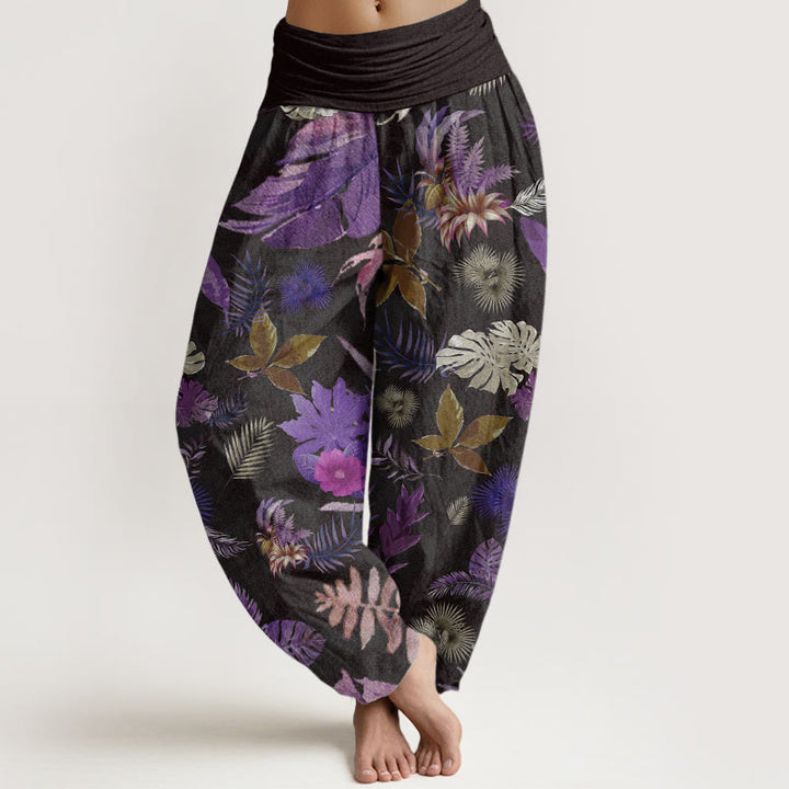 Pantalones Buddha Stones de algodón puro con estampado de follaje tropical colorido para mujer, cintura elástica - Negro - US22，UK/AU26，EU54 (6XL) - image 0