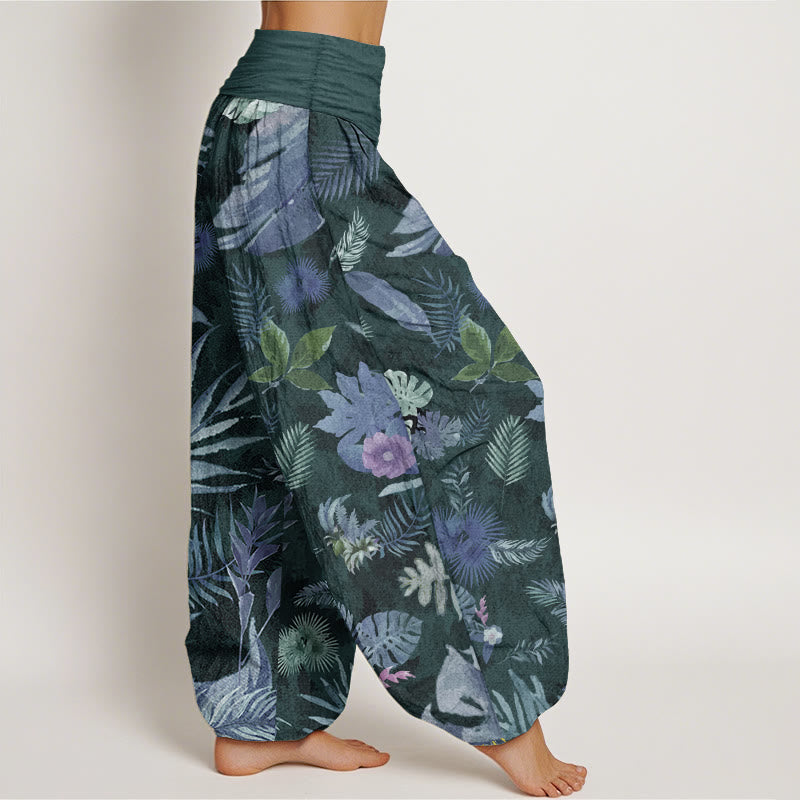Pantalones Buddha Stones de algodón puro con estampado de follaje tropical colorido para mujer, cintura elástica