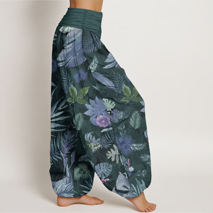 Pantalones Buddha Stones de algodón puro con estampado de follaje tropical colorido para mujer, cintura elástica
