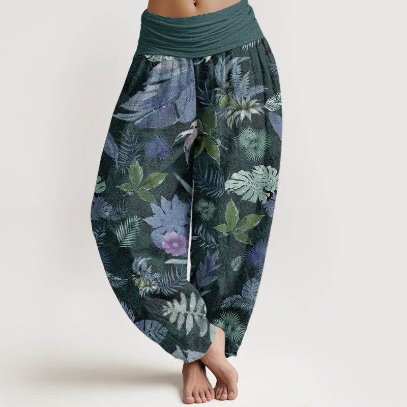 Pantalones Buddha Stones de algodón puro con estampado de follaje tropical colorido para mujer, cintura elástica - Verde azulado - US22，UK/AU26，EU54 (6XL) - image 6