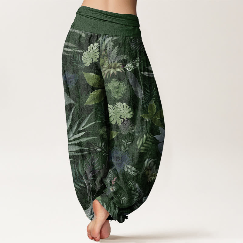 Pantalones Buddha Stones de algodón puro con estampado de follaje tropical colorido para mujer, cintura elástica