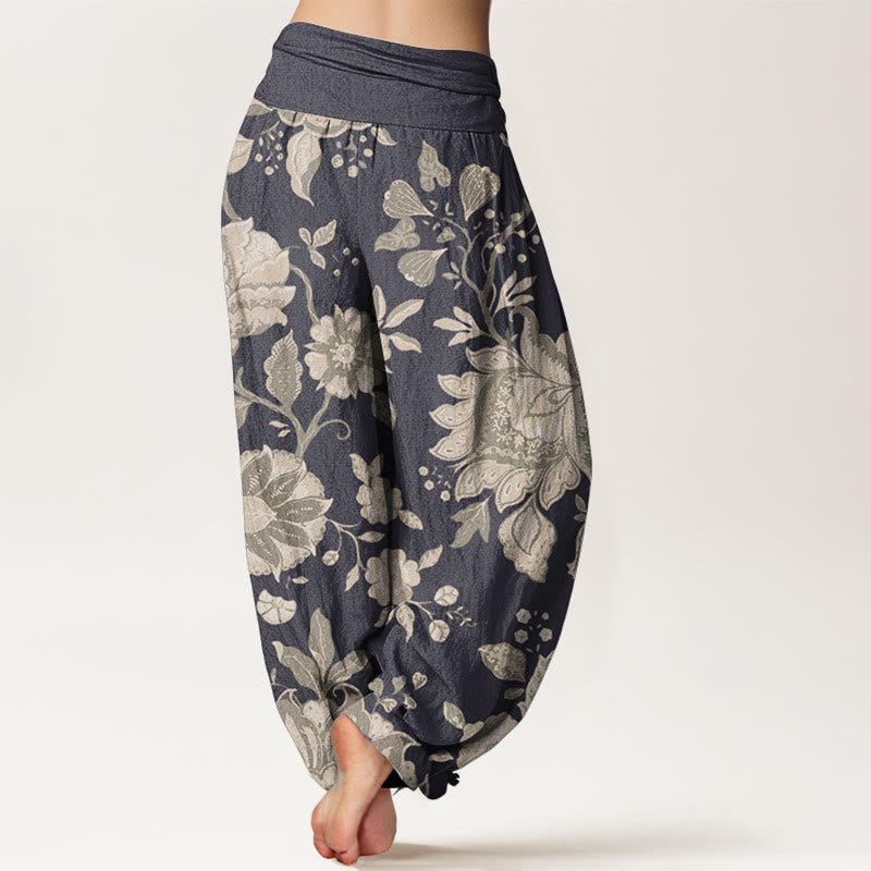 Pantalones harén de cintura elástica para mujer, estilo casual, de algodón puro y peonía, con Buddha Stones